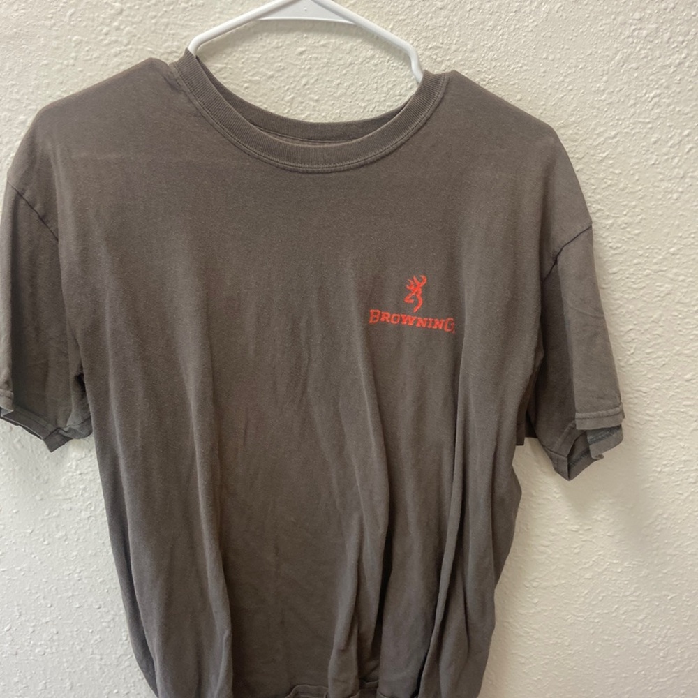 Browning shirt, grey with orange and woodland camouflage logo on the back